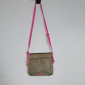 Fossil Black White Weave Geometric Pattern with Pink Leather Trim Crossbody Bag